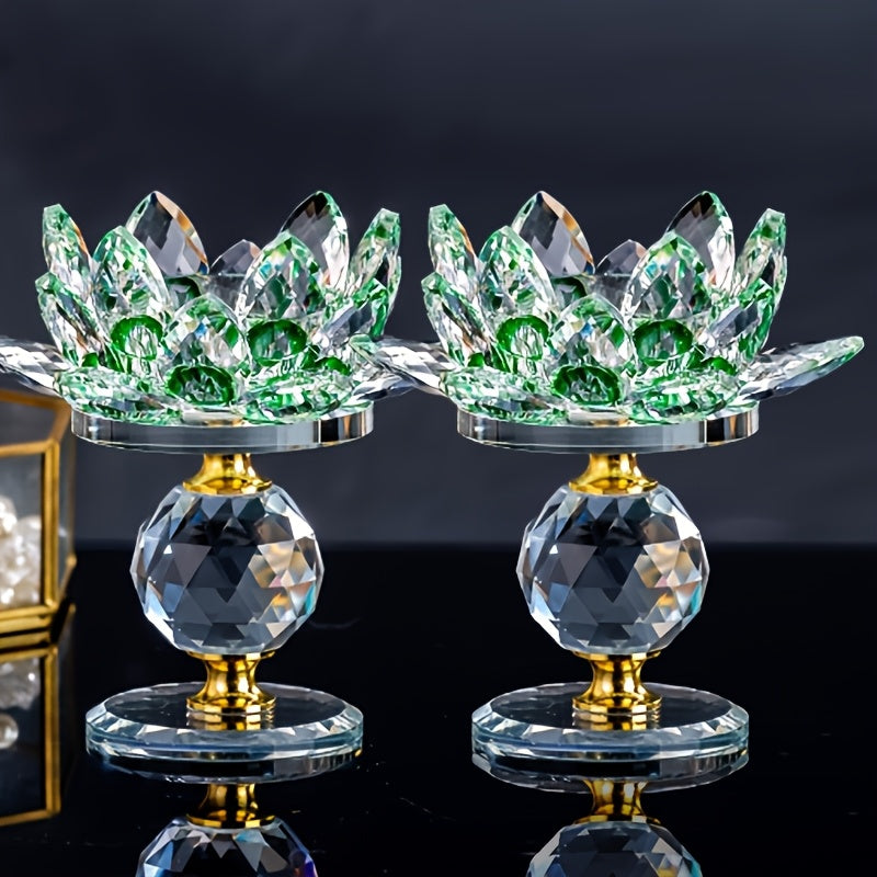 Lotus Candle Holder Pair with Faceted Crystal-Look Petals, 11cm Pedestal Form and Green, Purple, Blue or Pink Options