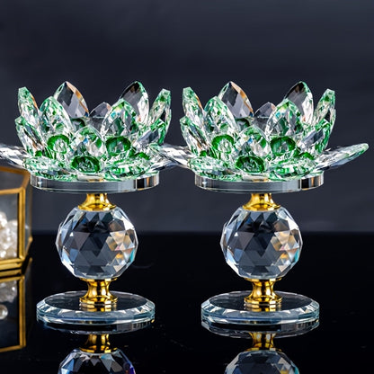 Lotus Candle Holder Pair with Faceted Crystal-Look Petals, 11cm Pedestal Form and Green, Purple, Blue or Pink Options