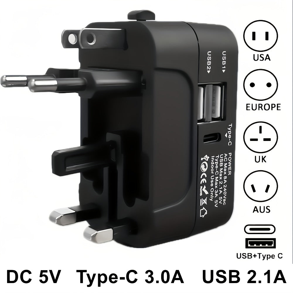 Universal Travel Adapter with Surge Protection - 2 USB & Type-C Ports, All-in-One International Plug for 350+ Countries, 100-240V Input, Fast Charging, Compact Lightweight Design, White & Black