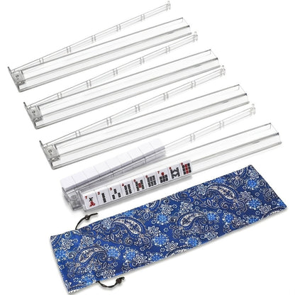 Four-Piece Clear Mahjong Tile Rack and Pusher Set with All-in-One Rail Design and Patterned Storage Bag