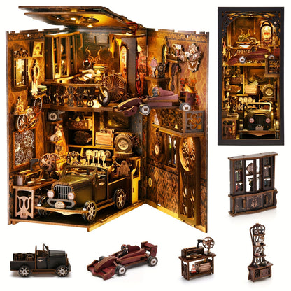 Car Players Book Nook Kit with 145-Piece Vintage Garage Scene, Warm Light and Clear Front Cover