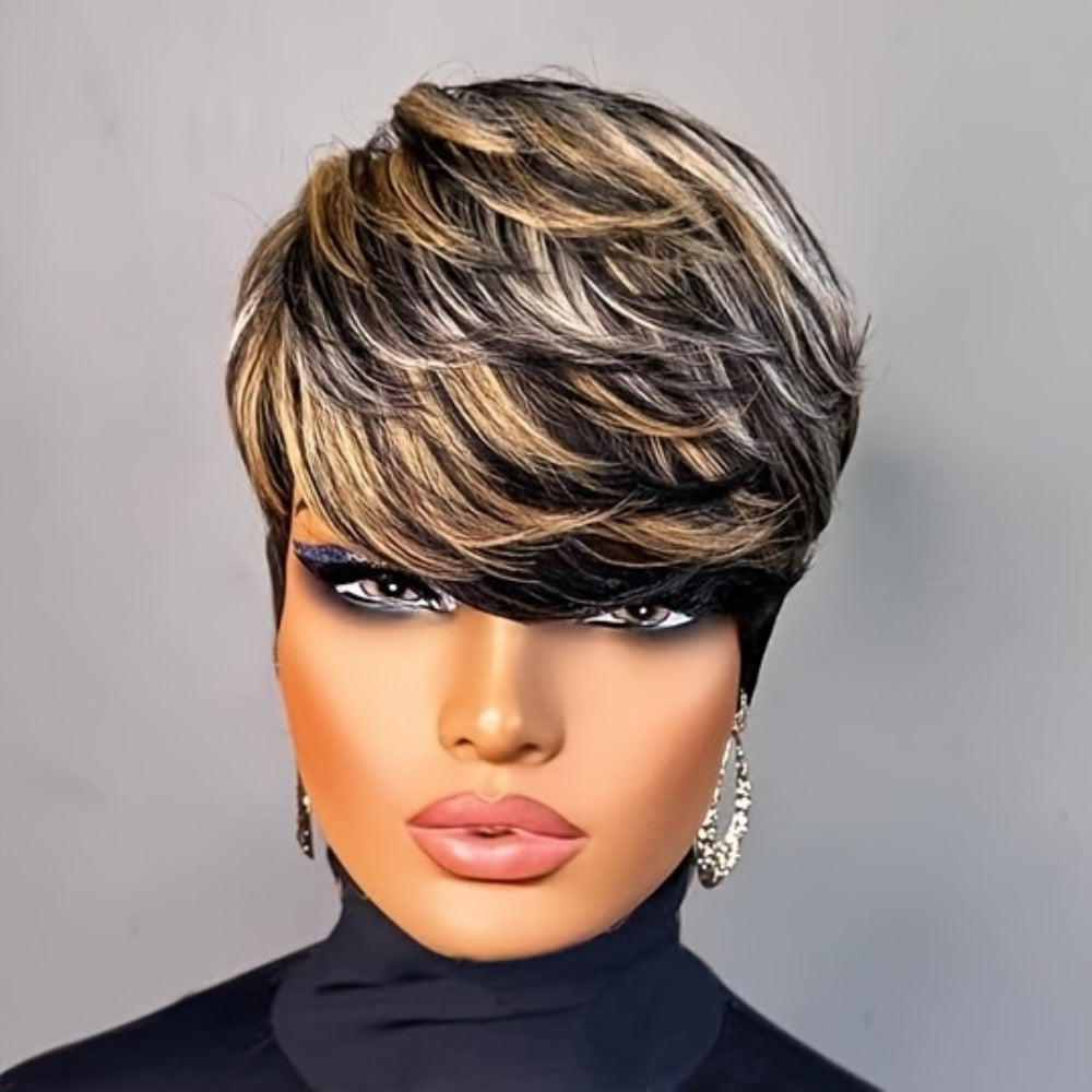 Short Pixie Cut Wig with Bangs Black Blonde Layered 4 Inch Rose Net Cap | Brown Blonde Mix Synthetic Wig for Black Women Daily Wear Office Party