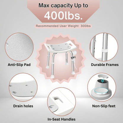 Aluminum Shower Chair 6-Level Adjustable Height Bath Stool Extra Wide Seat Tool-Free Assembly Anti-Slip Feet Lightweight Ergonomic Bath Seat for Elderly Disabled Pregnant Women Post-Surgery Recovery Bathroom Safety White