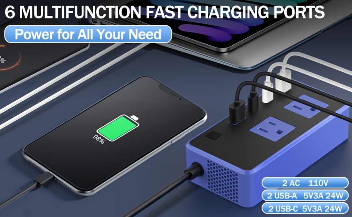 200W Car Power Inverter DC 12V to 110V AC Outlet + USB-C & USB-A 4.8A 24W, Car Plug Adapter Converter for Laptop Camping Travel Road Trip – Black / Blue