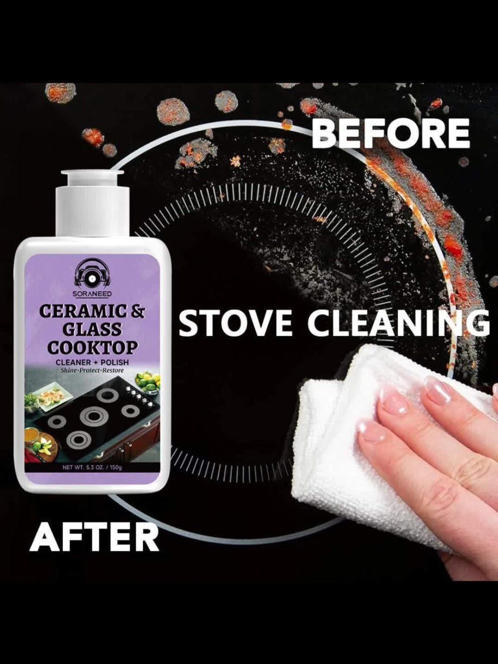 Ceramic Stovetop Cleaner Cream – Heavy Duty Glass Stove Top Cleaning Paste, Removes Burnt-On Grease & Stains, Non-Scratch, Non-Toxic, No Harsh Fumes, Safe for Induction & Electric Cooktops