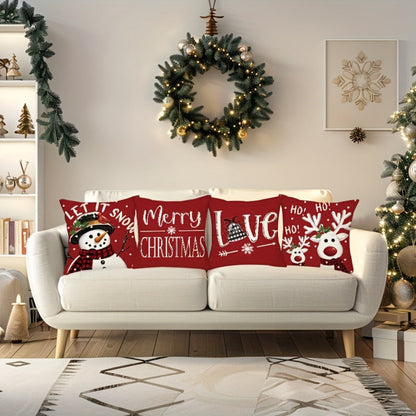 Four-Piece Christmas Pillow Cover Set, 17.72 x 17.72 Inches with Reindeer, Snowman and Holiday Typography