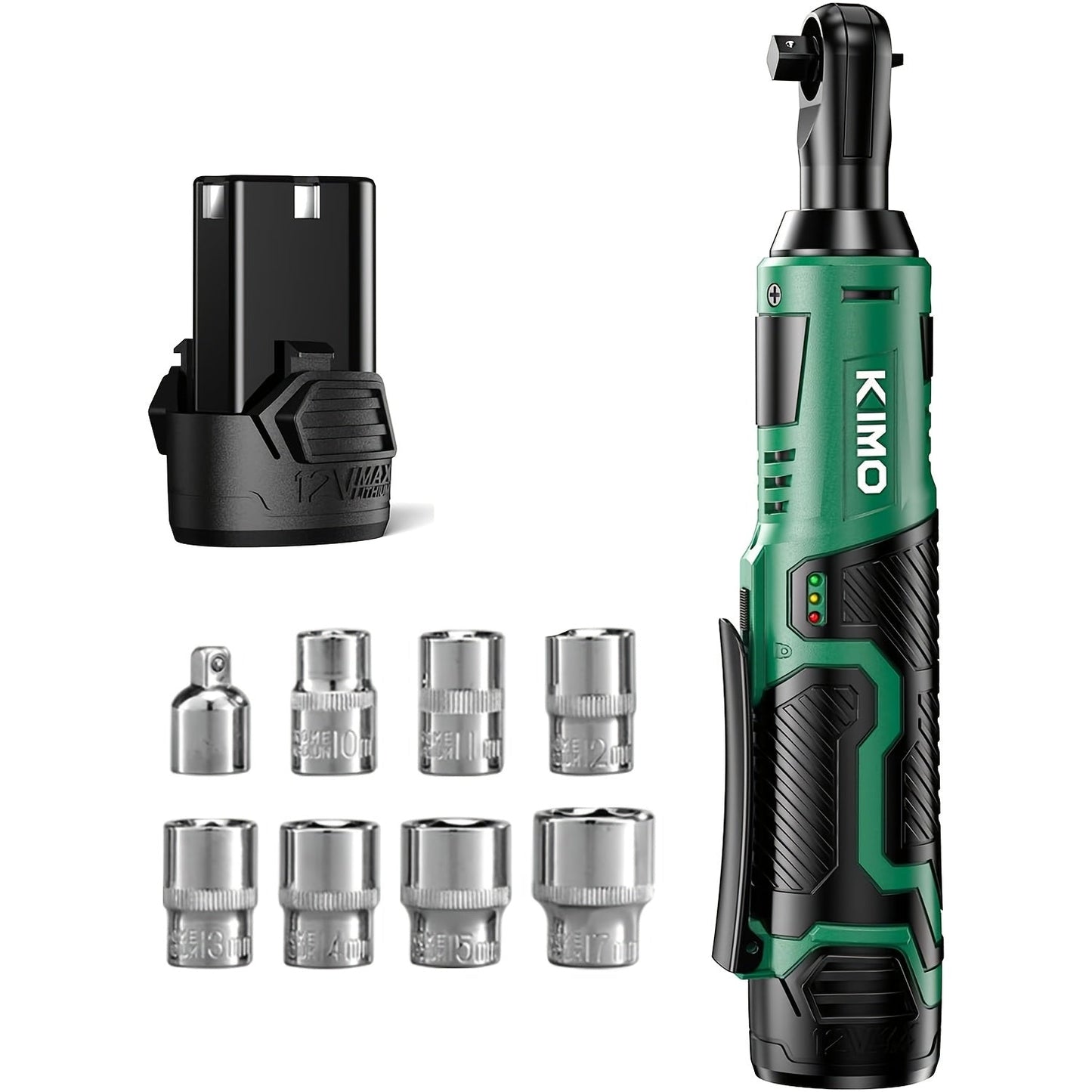 Power Tools KIMO 12V 3/8 Inch Cordless Ratchet Wrench with 40 ft-lb Torque, 400 RPM and Socket Set