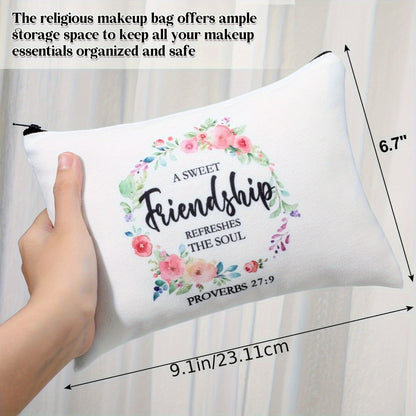 Twelve-Piece Faith-Themed Makeup Bag Set with Six Printed Designs, Mixed Colors and Black Zippers
