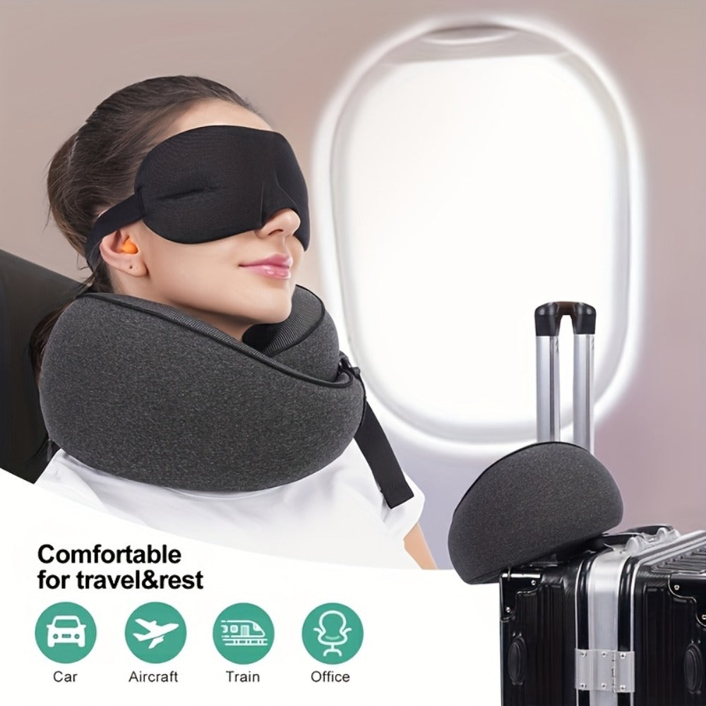 Black Memory Foam Travel Neck Pillow with Front Buckle, 23 × 15 × 28 cm Label, Removable Cover and Carry Bag