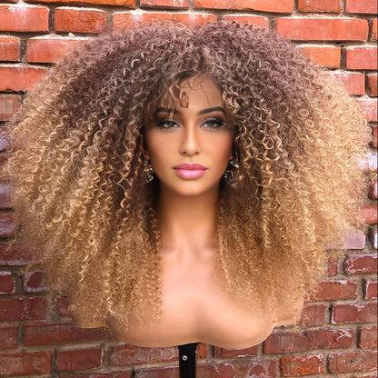 Synthetic Wig 18-Inch Kinky Curly Afro with Full Bangs, Glueless Straps and Combs for Costume Styling