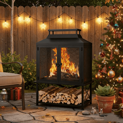 Outdoor Fireplace 39 Inch Rectangular Wood Burning Fire Pit with Grill, Spark Screen & Poker, Large Metal Patio Fireplace with Wood Storage for Garden Deck Backyard, Black