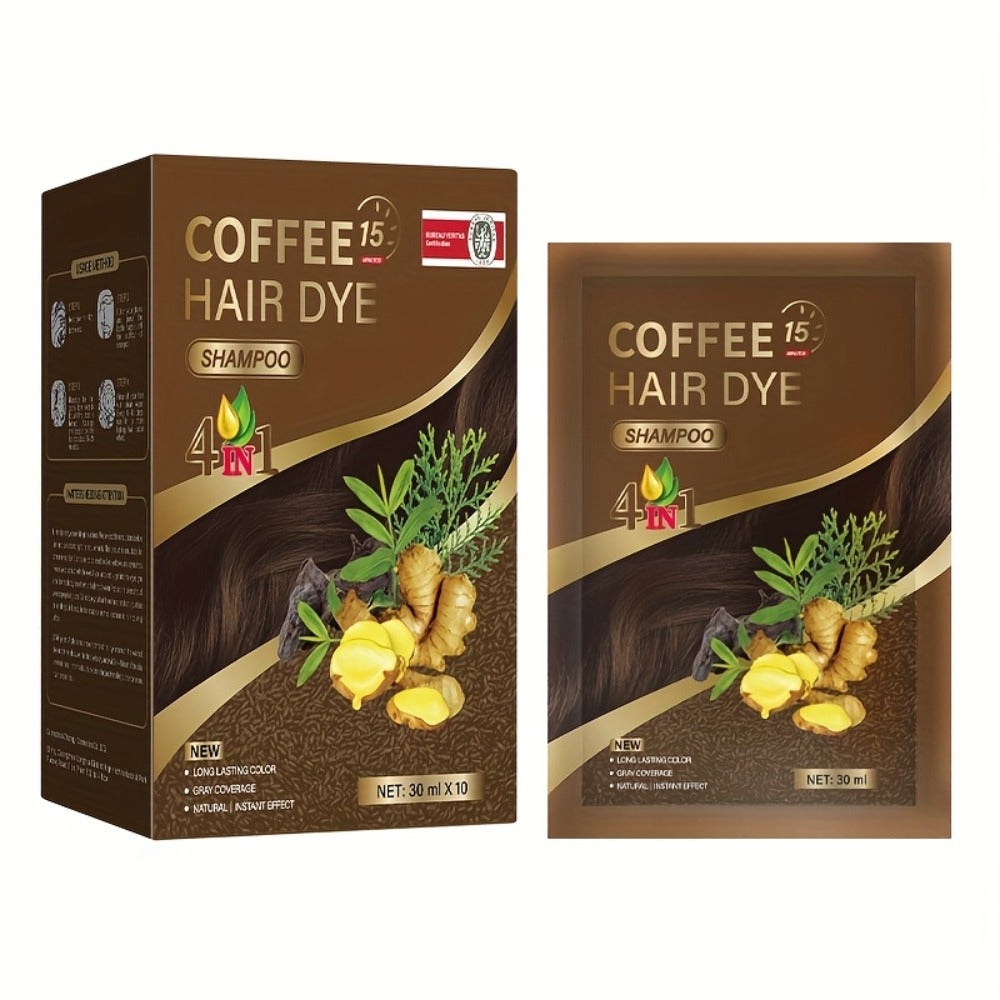 Hair Color Shampoo Sachets 10-Pack with Black, Deep Coffee, Coffee and Chestnut Brown Shade Options