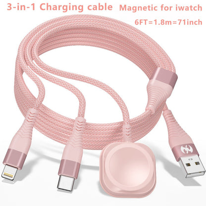 3 in 1 Charging Cable 6FT Nylon Braided USB-A to Lightning + Type-C + iWatch Magnetic Charger, Fast Charging for iPhone iPad AirPods Apple Watch Series 9 8 7 Ultra – Pink Multi Charging Cord