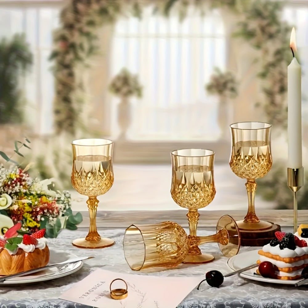 Twenty-Four-Pack Vintage-Style Plastic Stemmed Cups in Five Transparent Color Options for Party Tables