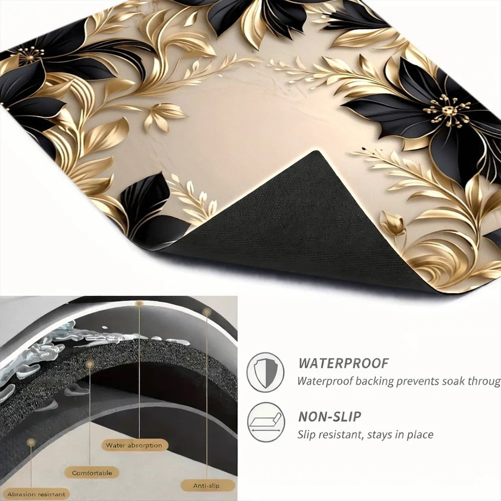 Black and Gold Floral Stove Protector Mat, 28.35 x 20.47 Inches with Beige Decorative Background