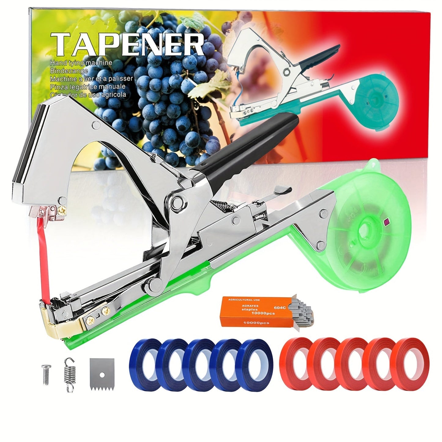 Garden Plant Tapener with Green Tool Set or Ten Red and Blue Replacement Tape Rolls for Vine Support