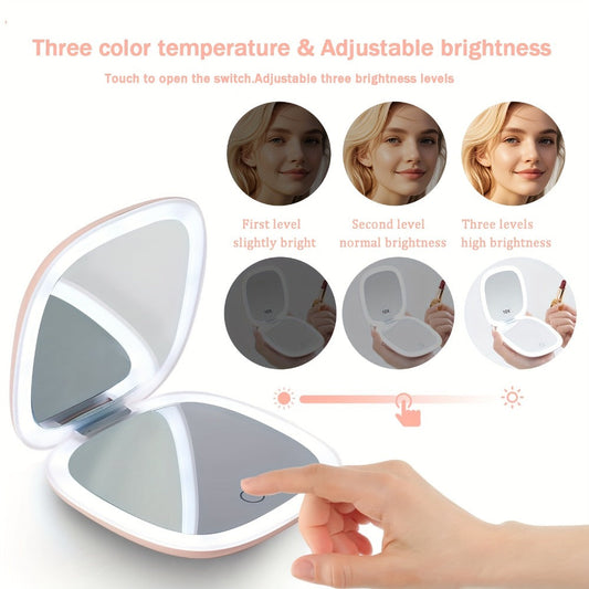 Makeup Mirror Foldable Dual-Sided Compact with Three Light Colors, Touch Brightness, USB-C Charging and Pink or White Finish