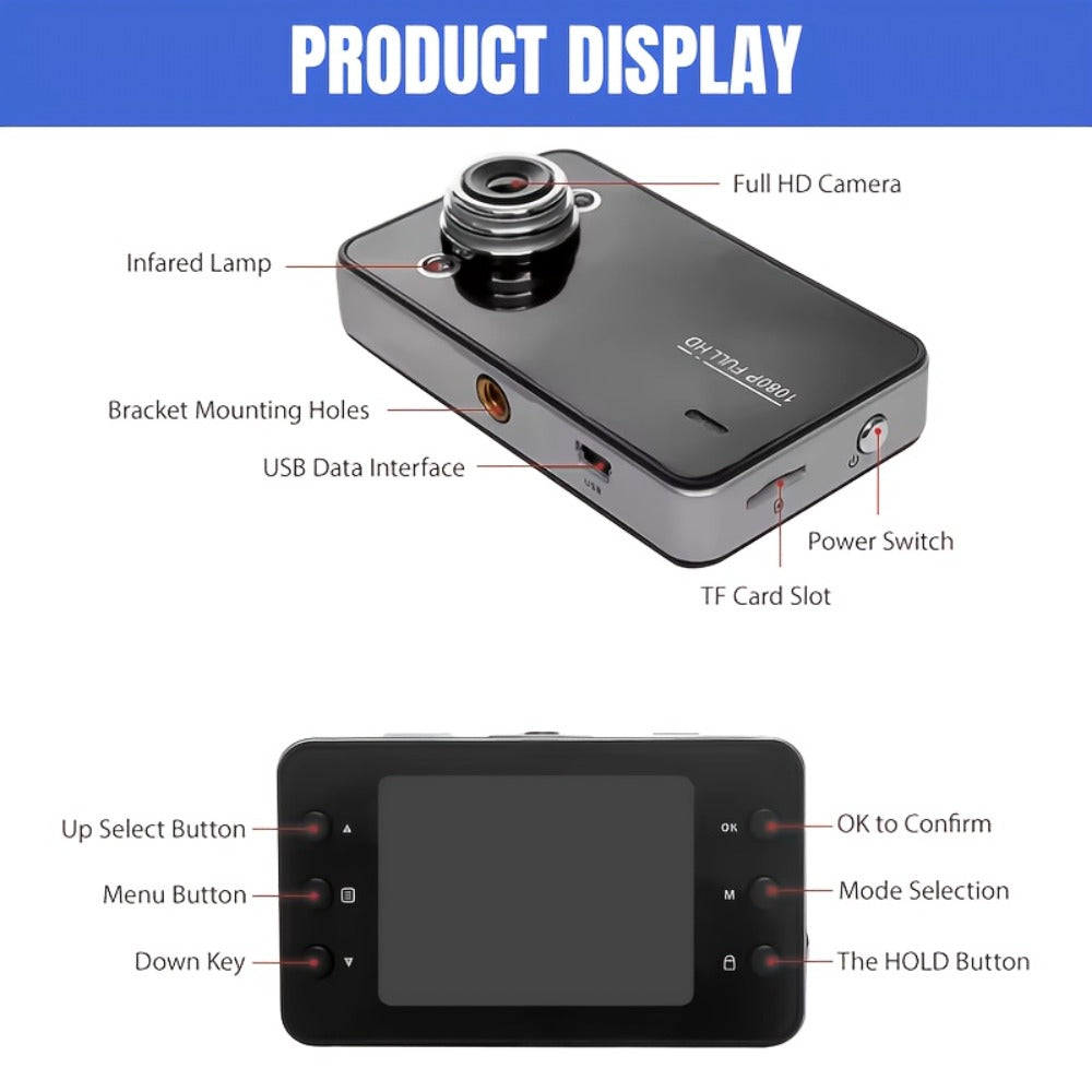 1080P Dash Cam with Night Vision & Loop Recording – 2.2" Car DVR Camera, Suction Cup Mount, Single Lens, No SD Card Required, Available in 4 Colors