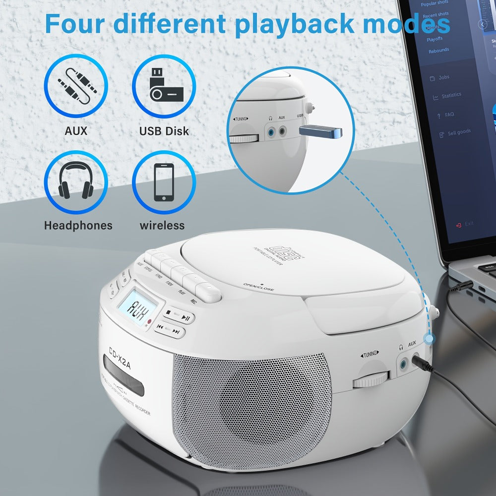 CD Cassette Player Boombox Combo with AM/FM Radio, Remote Control, LCD Display, AUX USB Earphone Jack