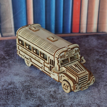 Wooden School Bus Model Kit with Laser-Cut Panels, Rolling Wheels and 20.5 cm Display Length