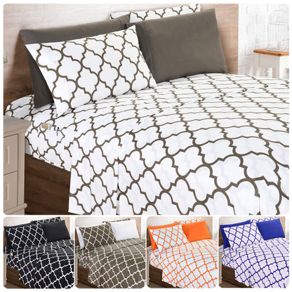 Bed Sheet Set 6-Piece Geometric Trellis, Ultra Soft Microfiber Sheets with 16-Inch Deep Pocket Fitted Sheet, Fade & Wrinkle Resistant, Machine Washable Hotel Quality Bedding for Twin Full Queen King