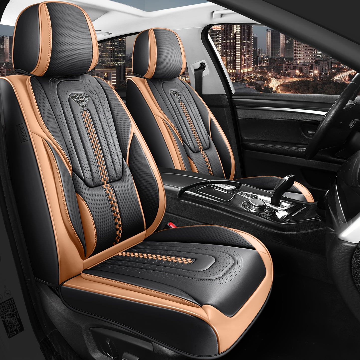 PU Leather Car Seat Cover Full Enclosure with Lumbar Support & Sponge Cushion – Two-Tone Sporty Design Universal Fit for Car Sedan Truck SUV (White-Black / Gray / Red-Black / Orange-Black)