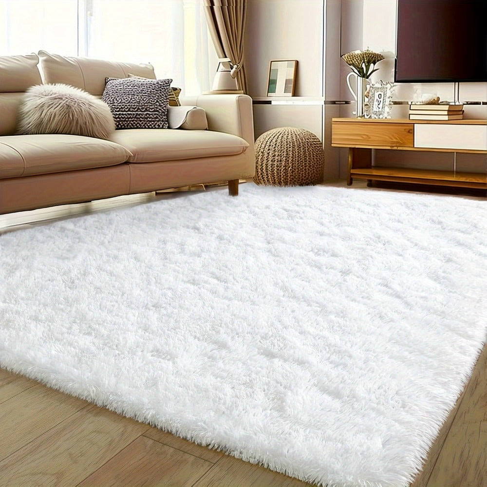 Area Rug White Fluffy High-Pile Shag in Three Washable Sizes for Living Room, Bedroom or Dorm