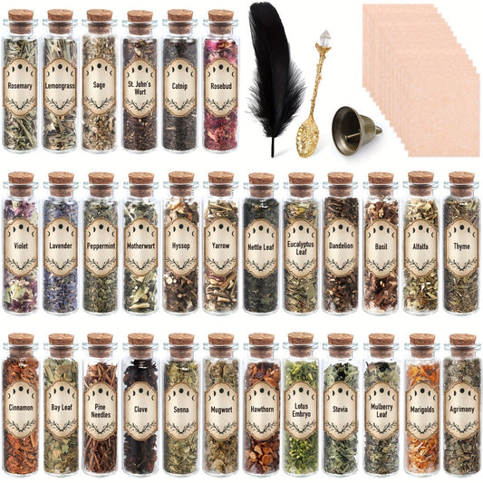 43-Piece Dried Herbs & Flowers Witch Ritual Kit – Sachet Supplies Set with Crystal Spoon, Black Feather & Bell for Pagan Spells, Candle Making, Soap, Wedding Decor
