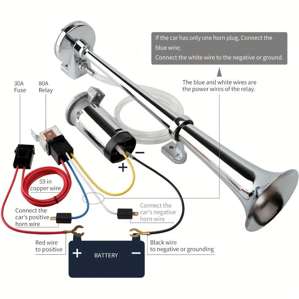 Air Horn Kit for Trucks – Super Loud 18" Single Trumpet Train Horn with Compressor, 12V/24V Universal Fit for Truck, Car, SUV, Jeep – Chrome & Black