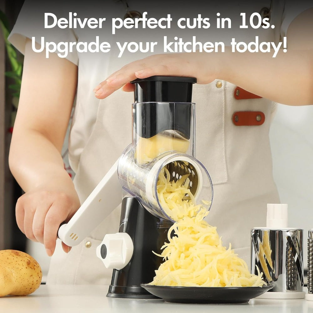 Rotary Cheese Grater – Stainless Steel Hand Crank Shredder with 3 Interchangeable Blades, Non-Slip Suction Base & Cleaning Brush, BPA-Free Vegetable Grater for Cheese, Nuts & Vegetables
