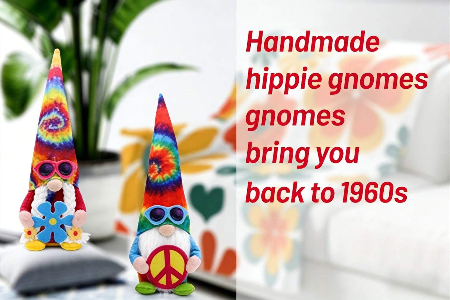 Hippie Gnomes Decorations 2 Pack – Groovy Tie Dye Tomte Figurines with Peace Sign & Fashion Glasses, 13.5" Swedish Gnome Shelf Sitters for Farmhouse, Christmas, Halloween & Party Decor