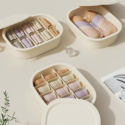 Three-Piece Beige Drawer Organizer Bin Set with Lidded Dividers for Underwear, Socks and Small Accessories