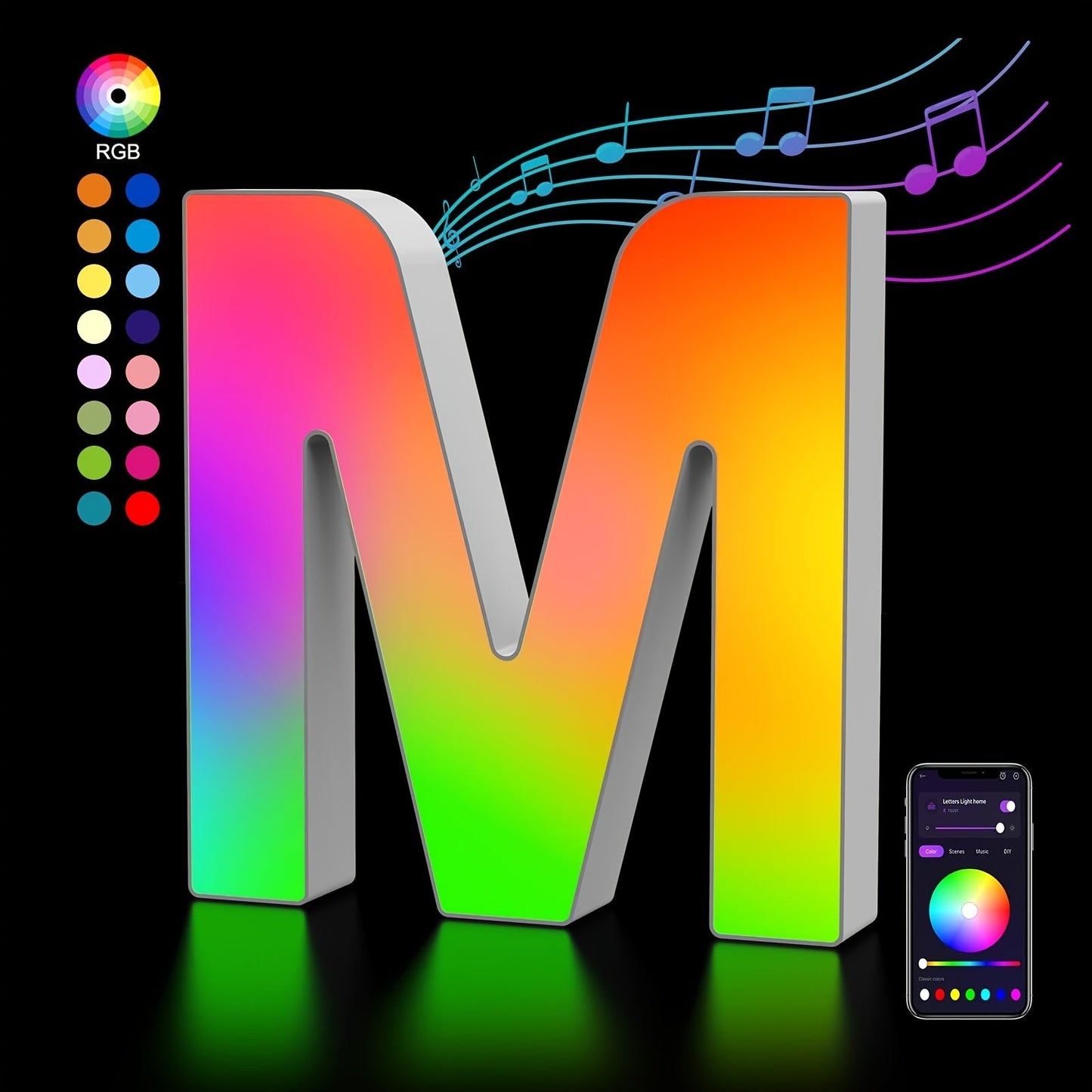 RGB LED Letter and Number Light with 38 Checkout Shapes, USB Power, App Control and Music Sync