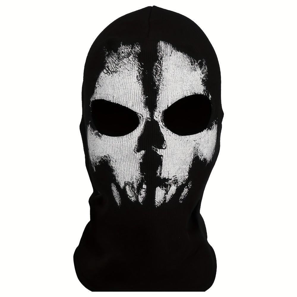 Printed Skull Balaclava Mask in Two Black Designs, Full-Face Stretch Fabric for Adult Costume Wear