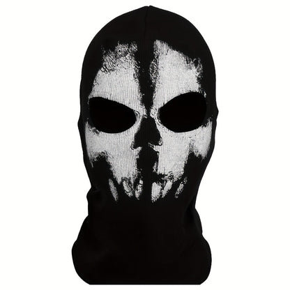 Printed Skull Balaclava Mask in Two Black Designs, Full-Face Stretch Fabric for Adult Costume Wear