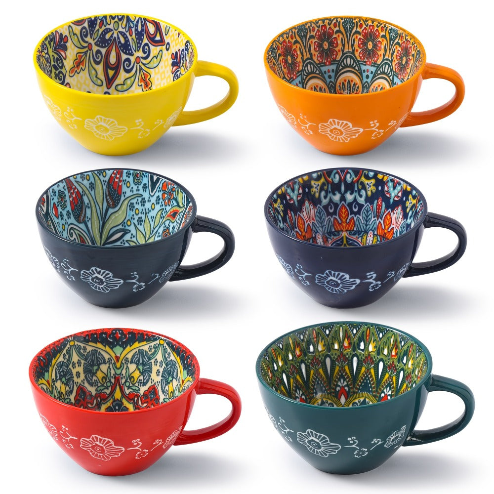 Bohemian Ceramic Coffee Mugs Set of 6 – 15 Oz Large Capacity Breakfast Mug – Microwave Safe for Hot & Cold Drinks – Unique Boho Drinkware Gift for Halloween, Thanksgiving & Christmas