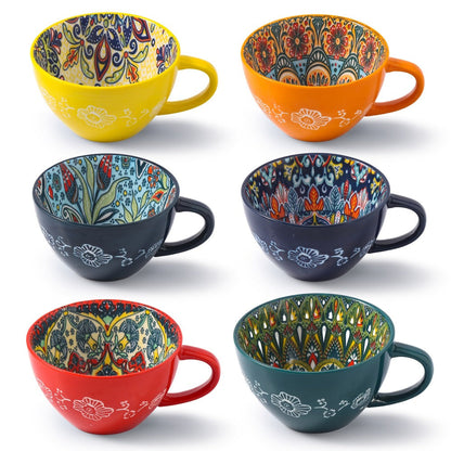 Bohemian Ceramic Coffee Mugs Set of 6 – 15 Oz Large Capacity Breakfast Mug – Microwave Safe for Hot & Cold Drinks – Unique Boho Drinkware Gift for Halloween, Thanksgiving & Christmas