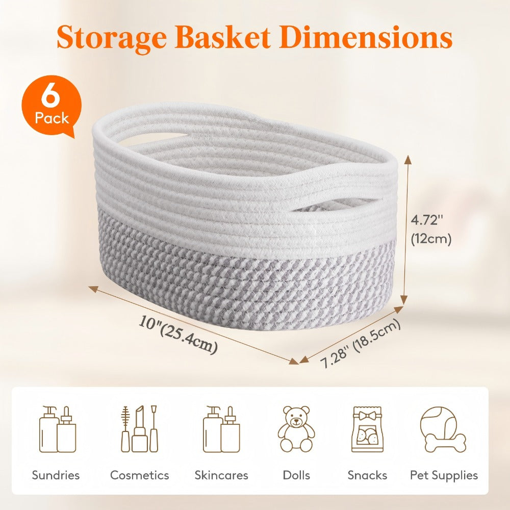 Basket Storage Organizer 6-Pack Cotton Rope Cube Bins 11 x 7 x 5 Inch in Five Color Options