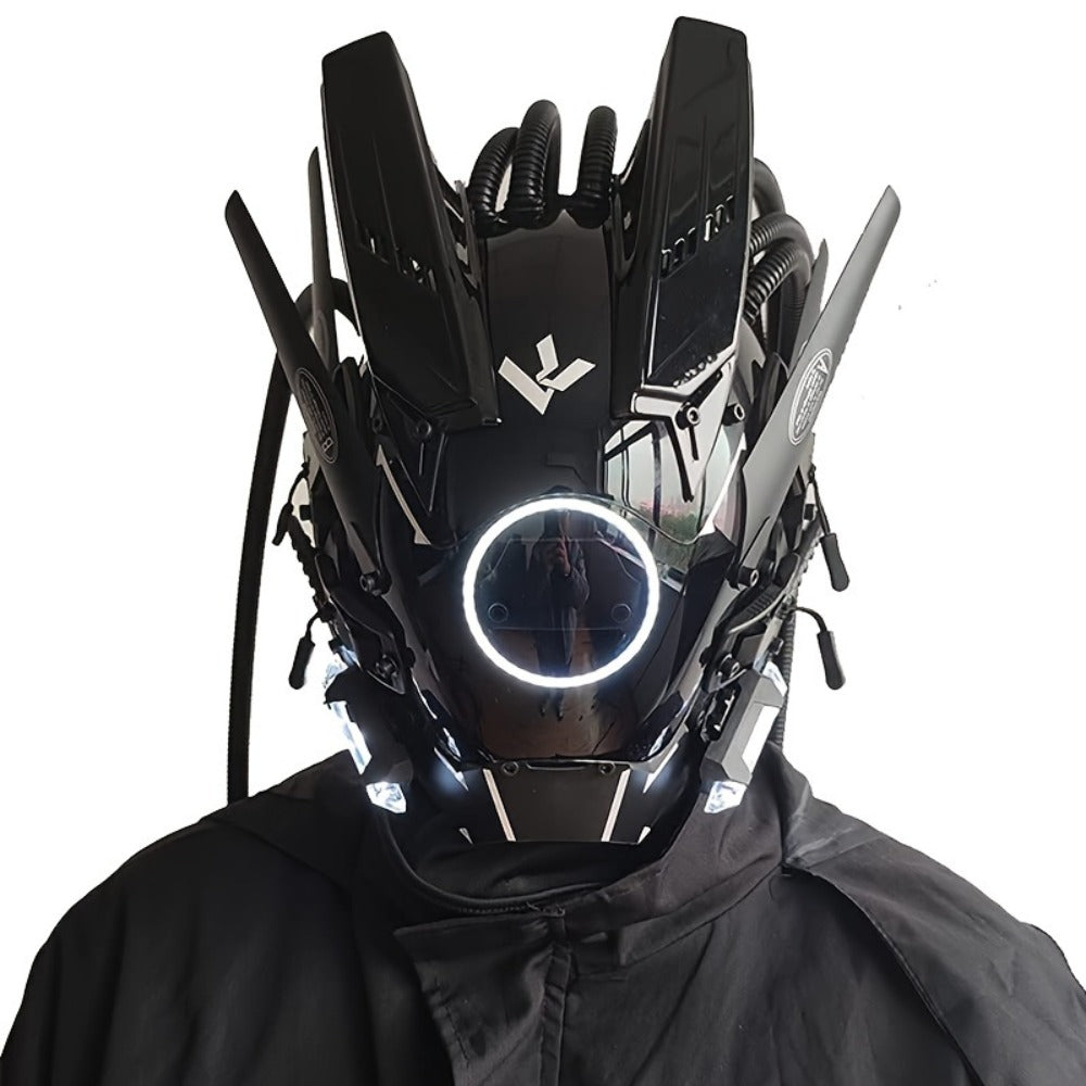 LED Braided Cyberpunk Costume Helmet with Circular Face Light and Blue, Green or Pink Accent Styles