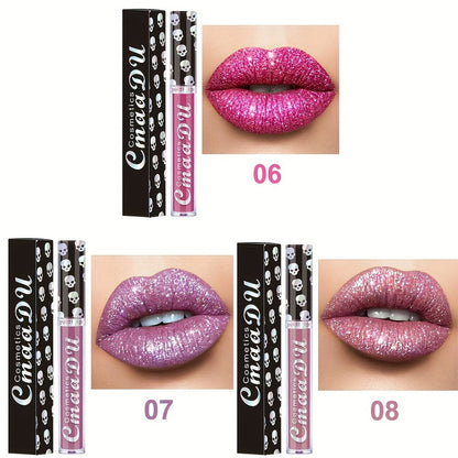 Three-Piece Skull-Design Glitter Lip Gloss Set with Nine Exact Color Combination Checkout Options