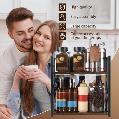 Two-Shelf Countertop Spice Rack with Wood-Look Panels, Black X-Braced Frame and Yellow Checkout