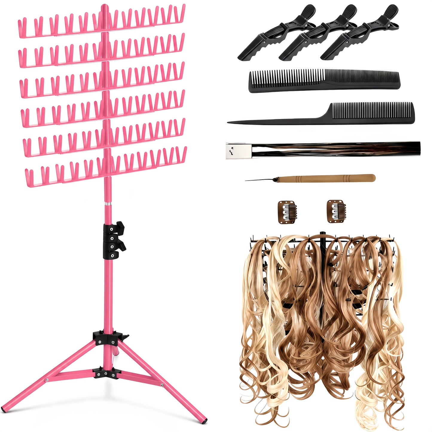 Braiding Hair Rack Hair Styling Tool with 144-Strand Layout, 30-50-Inch Height and Foldable Stand