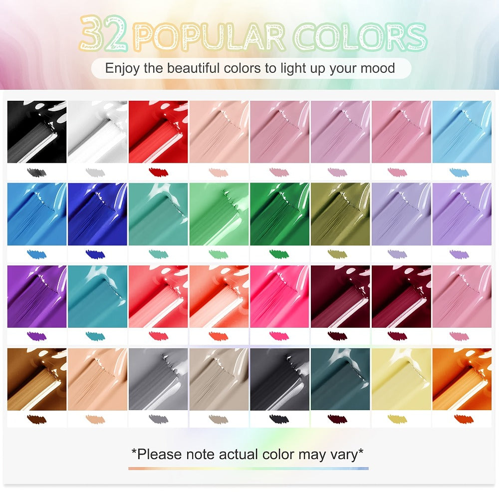 Gel Nail Polish 36-Piece Kit with 32 Colors, Base Coat and Three Top Coat Finishes for Home and Salon Use