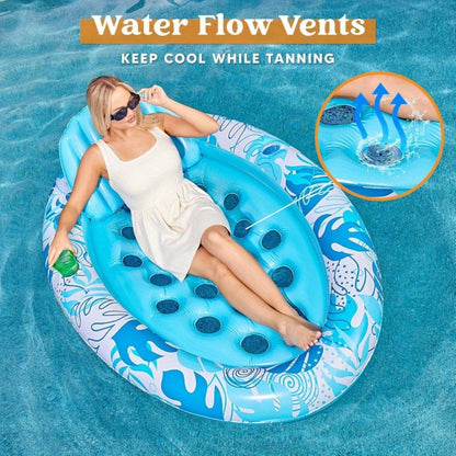 70 x 50-Inch Inflatable Pool Float Lounger with Oval Blue Body, Removable Backrest and Two Cup Holders