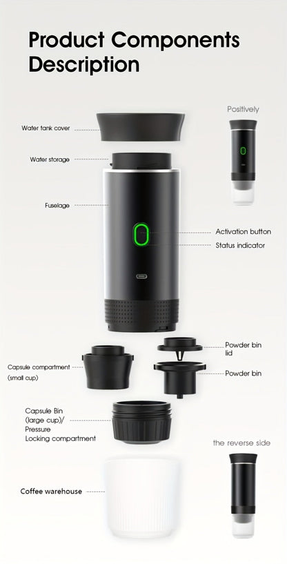 Portable Capsule Coffee Machine USB Rechargeable One-Touch Brewing Compact Automatic Espresso Maker for Travel Office Dorm Room Under 1L Stylish Transparent Design for Coffee Lovers Black White