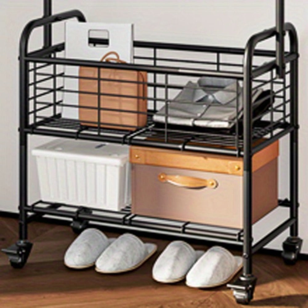 Rolling Laundry Basket Cart with 70.25-Inch Hanging Rail, Two Shelves, Four Casters and White, Black or Silver Frames