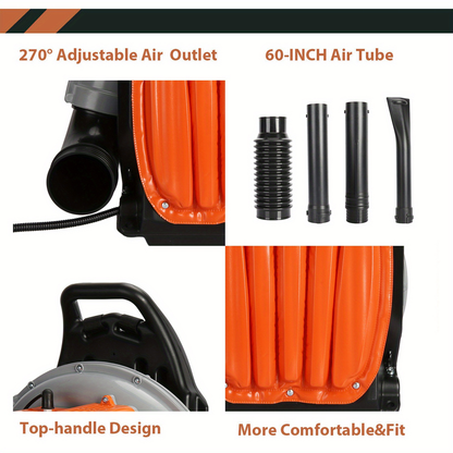 Backpack Gas Leaf Blower in Orange with 2-Stroke Engine Label, Flexible Elbow, Long Tube and Control Handle