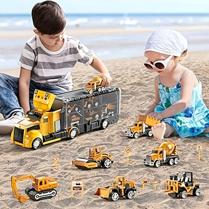 Vehicle Carrier Playset in Dinosaur Car or Construction Truck Style with Mini Vehicles and Storage