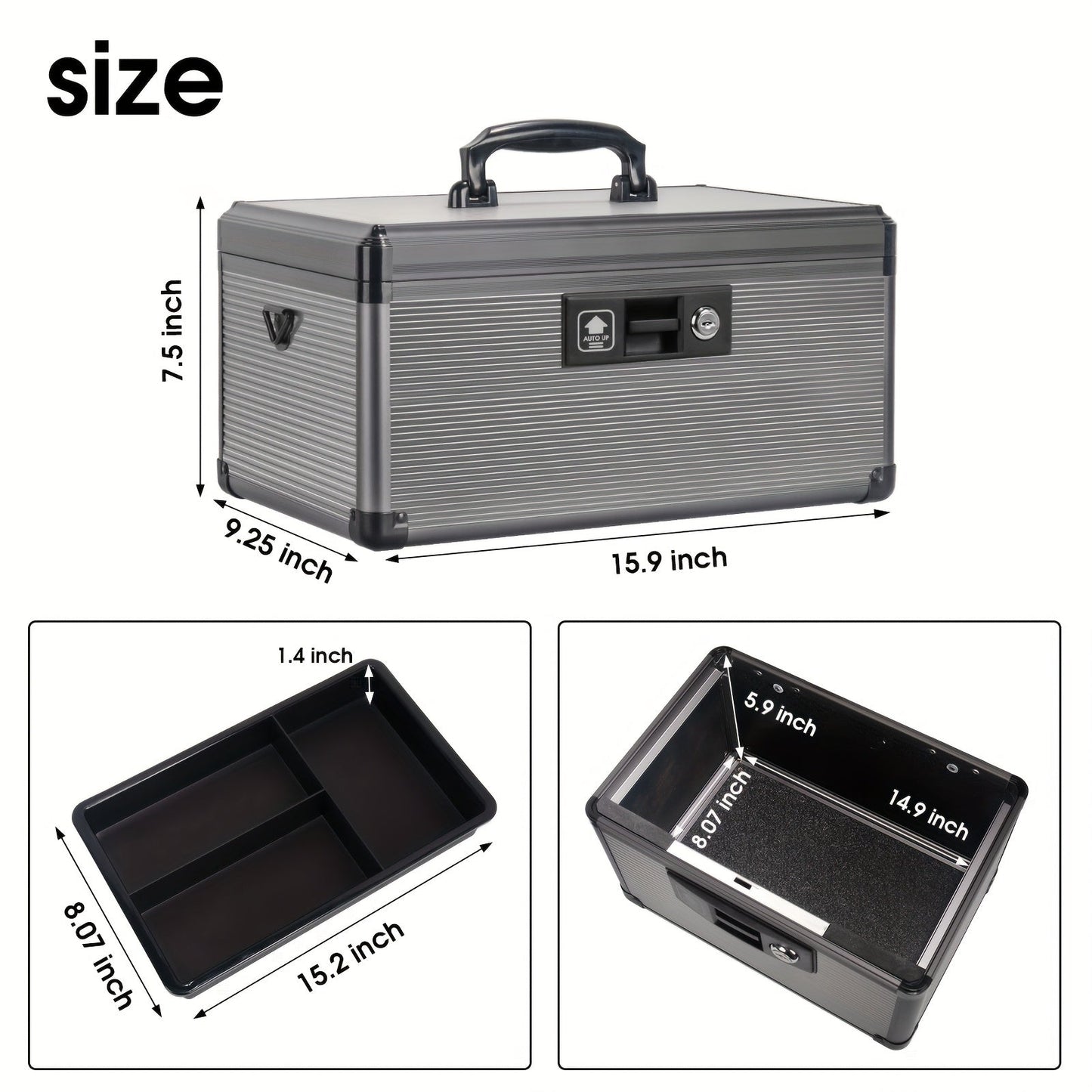 Aluminum Alloy Lockable Medicine Box – Double Layer Large Capacity Storage Box with Key Lock, Handle & Tray for Medicines, Documents & Valuables, 10"/12"/14"/16" Home Security Box