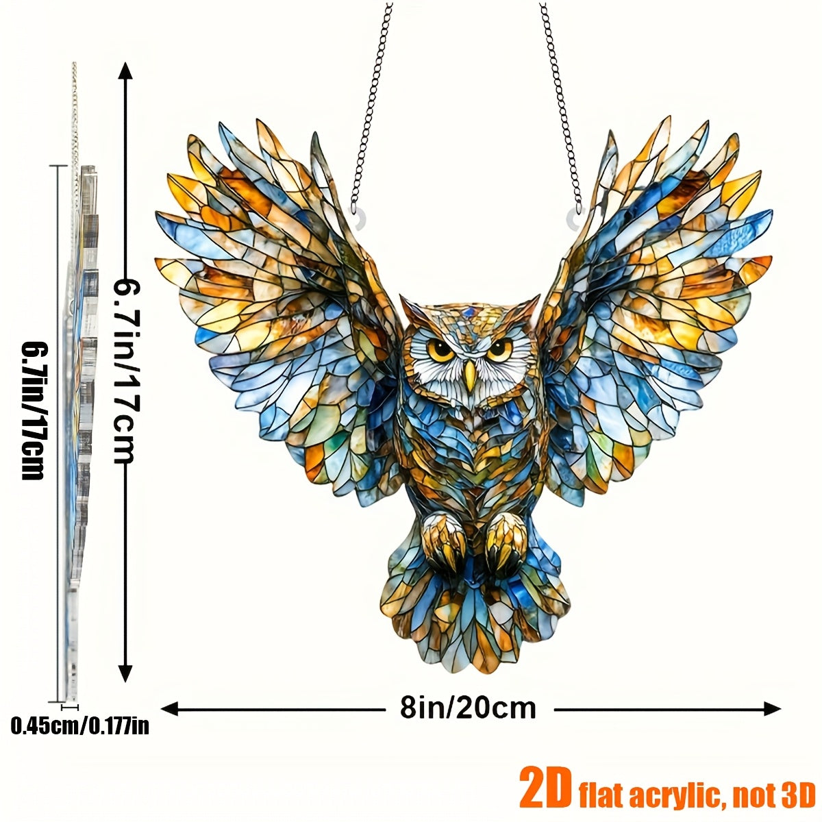 Owl Hanging Ornament Colorful Acrylic 6.7"x8", 2D Flat Animal Wall Art Decoration for Christmas Tree, Home, Office & Outdoor, Unique Birthday & Anniversary Gift for Her – Boho Bird Decor (1pc)
